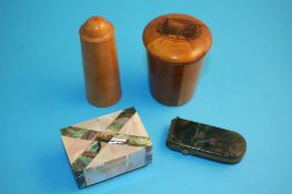 A Mauchline ware "St John's Church Lowestoft" container; a treen canister; a small mother of pearl