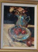 Ken MoroneyBorn 1946Oil on boardSigned, label verso"Still life of cherries on a plate and flower