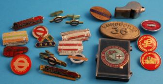 A collection of London Transport badges to include LNER, a Conductor 36 badge etc.