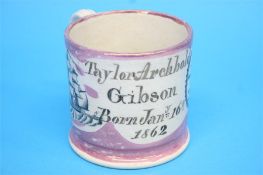 A Sunderland pink lustre christening tankard for Taylor Archbold Gibson, born January 16th 1802.