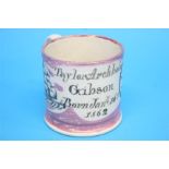 A Sunderland pink lustre christening tankard for Taylor Archbold Gibson, born January 16th 1802.