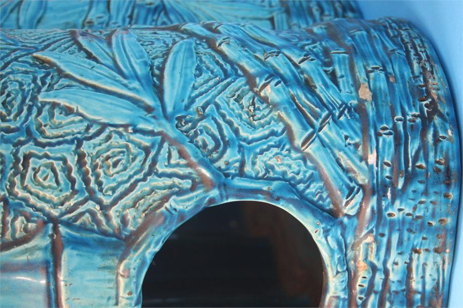 A large Burmantoft's Faience umbrella/stick stand with relief moulded decoration in the oriental - Image 3 of 4