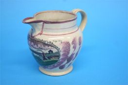 A Sunderland pink lustre jug with a view of the Iron Bridge.  10 cm high