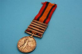 A Queen's South Africa Medal, Anglo Boer War 1899-1902 with red, blue and orange ribbon; with five