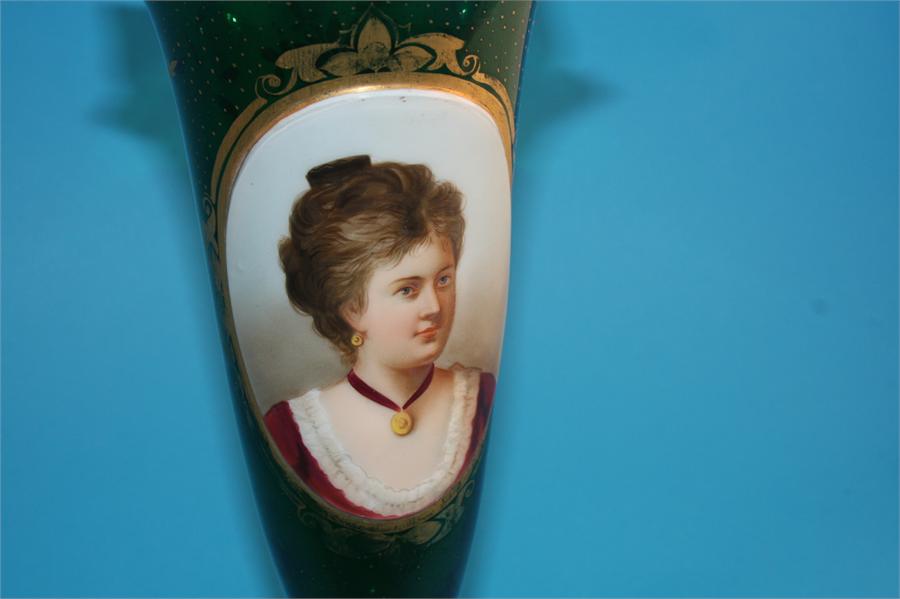 A Victorian green glass spill vase with flared rim, the centre depicting an oval painted portrait of - Image 2 of 4