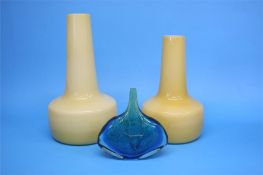 A pair of Continental cased glass vases and a M'dina "axe head" fish vase in blue and green,
