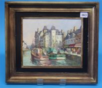 E Wesson  Oil on canvas  Signed  "Boats in a port"  21 cm x 25 cm