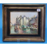 E Wesson  Oil on canvas  Signed  "Boats in a port"  21 cm x 25 cm