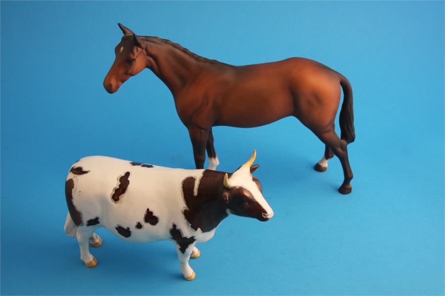 A Beswick Ayrshire Bull, Champion Whitehill Mandate; and a Beswick horse, printed marks. (2)