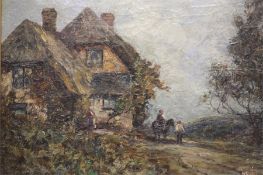 David Cox  1783-1859  Oil on canvas  Signed  "Country cottages with figures outside"  25 cm x 35 cm