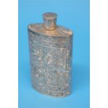 A 925 standard silver engraved hip flask, stamped 925.  Weight 79.6 grams/2.5 oz