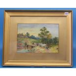 Wilson Hepple  1854-1937  Watercolour  Signed  Dated 1914  "Landscape with a lady herding cattle