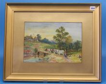 Wilson Hepple  1854-1937  Watercolour  Signed  Dated 1914  "Landscape with a lady herding cattle