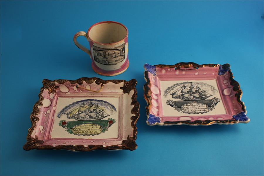Two Victorian Sunderland purple lustre plaques "May Peace and Plenty" and a "Sunderland Bridge"