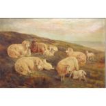 **Jones?, Victorian School, Oil on canvas, Indistinctly signed, dated 1887?, 'Ewes and Lambs on a