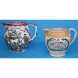 A Sunderland orange lustre jug "Mariner's Arms" and a Grays Pottery purple lustreware jug. (2)  12