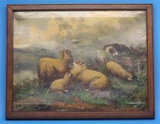 J W Morris  Oil on canvas  Signed  "Sheep grazing on the fells with sheep dog watching over"  35
