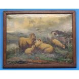 J W Morris  Oil on canvas  Signed  "Sheep grazing on the fells with sheep dog watching over"  35