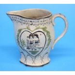 A 19th century earthenware cream jug, each side decorated with children within a cartouche heart.