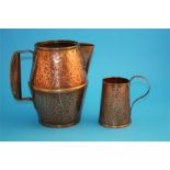 A hammered copper Arts & Crafts style ale jug and a hammered tankard engraved H Barnes, Thornton