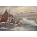 Oil on canvas  20th century English School  Indistinctly signed  "Tug boats in a large swell"  30 cm