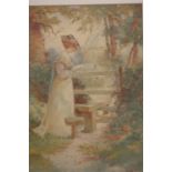 Elliot Henry Marten  Watercolour  Signed  "Lady reading a note by the side of a stile"  37 cm x 25