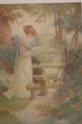Elliot Henry Marten  Watercolour  Signed  "Lady reading a note by the side of a stile"  37 cm x 25