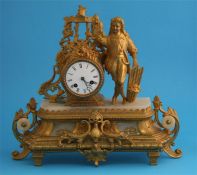 A late 19th/early 20th alabaster French gilt clock with 8 day movement, enamelled dial and strike