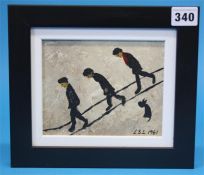 Follower of L S Lowry.  Oil on board.  "Three men being watched by a dog"  12 cm x 15 cm