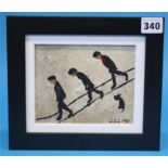 Follower of L S Lowry.  Oil on board.  "Three men being watched by a dog"  12 cm x 15 cm