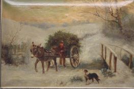 Wilson Hepple 1854-1937  Oil on canvas  Indistinctly signed  "Winter landscape with young boy on a