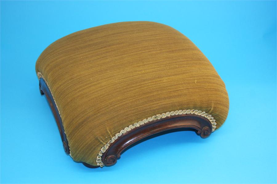 A Victorian mahogany footstool with green overstuffed top each side with scrolled ends, supported on - Image 2 of 4