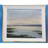 Geoffrey Campbell Black  Oil on canvas  Signed  "Greylags flying over a loch"  59 cm x 49 cm