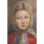 B Simpson  Oil on board  Circa 1930's  "Lady in a colourful headscarf"  Bears label to verso B