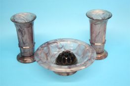 A 1930's Davidsons purple coloured cloud glass circular pedestal bowl and a matching pair of