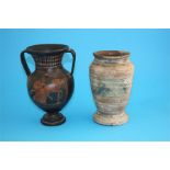 A Greek Apulian two handled vase decorated with classical figures and a contemporary hand thrown