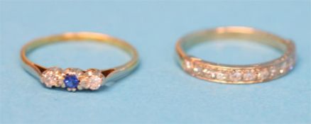An 18ct gold half hoop ring and a 9ct gold sapphire and diamond ring.  Ring size O and Q.
