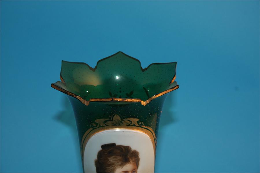 A Victorian green glass spill vase with flared rim, the centre depicting an oval painted portrait of - Image 3 of 4