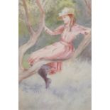 A. Rackham  Watercolour  Signed  Dated 1890  "A young girl resting on the branch of a tree"  15.5 cm