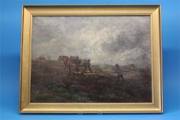 John Falconer Slater  1857-1937  Oil on canvas  Signed  "Two horses pulling the plough"  46 cm x