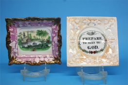 A Sunderland orange lustre wall plaque "Prepare To Meet Thy God" and a Dixon's plaque decorated with