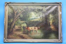 Wilson Hepple  1854-1937  Oil on canvas  Signed  "Cattle watering from a river bed"  50 cm x 75 cm