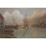 Frederick Tordoff  1939  Oil on canvas  Signed  "Sailing vessel and tug boats on a river at low