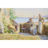 Ernest Hill  Watercolour  Signed  Dated 1902  "Fisherwoman in conversation overlooking a harbour"