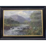 John Falconar Slater  1857-1937  Oil on canvas  Signed  "Highland landscape with winding river"