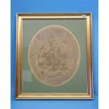 An oval Georgian map sampler of England and Wales with floral banded border, in gilt frame.  52 cm