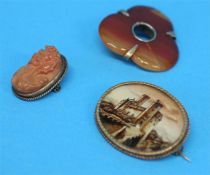 A Cameo brooch and agate brooch etc. (3)