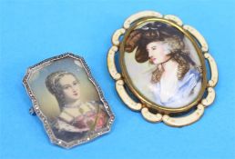 Two decorative brooches showing portraits of ladies.