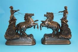 A decorative pair of Spelter groups with classical ladies riding chariots with horses rearing.  26