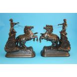 A decorative pair of Spelter groups with classical ladies riding chariots with horses rearing.  26